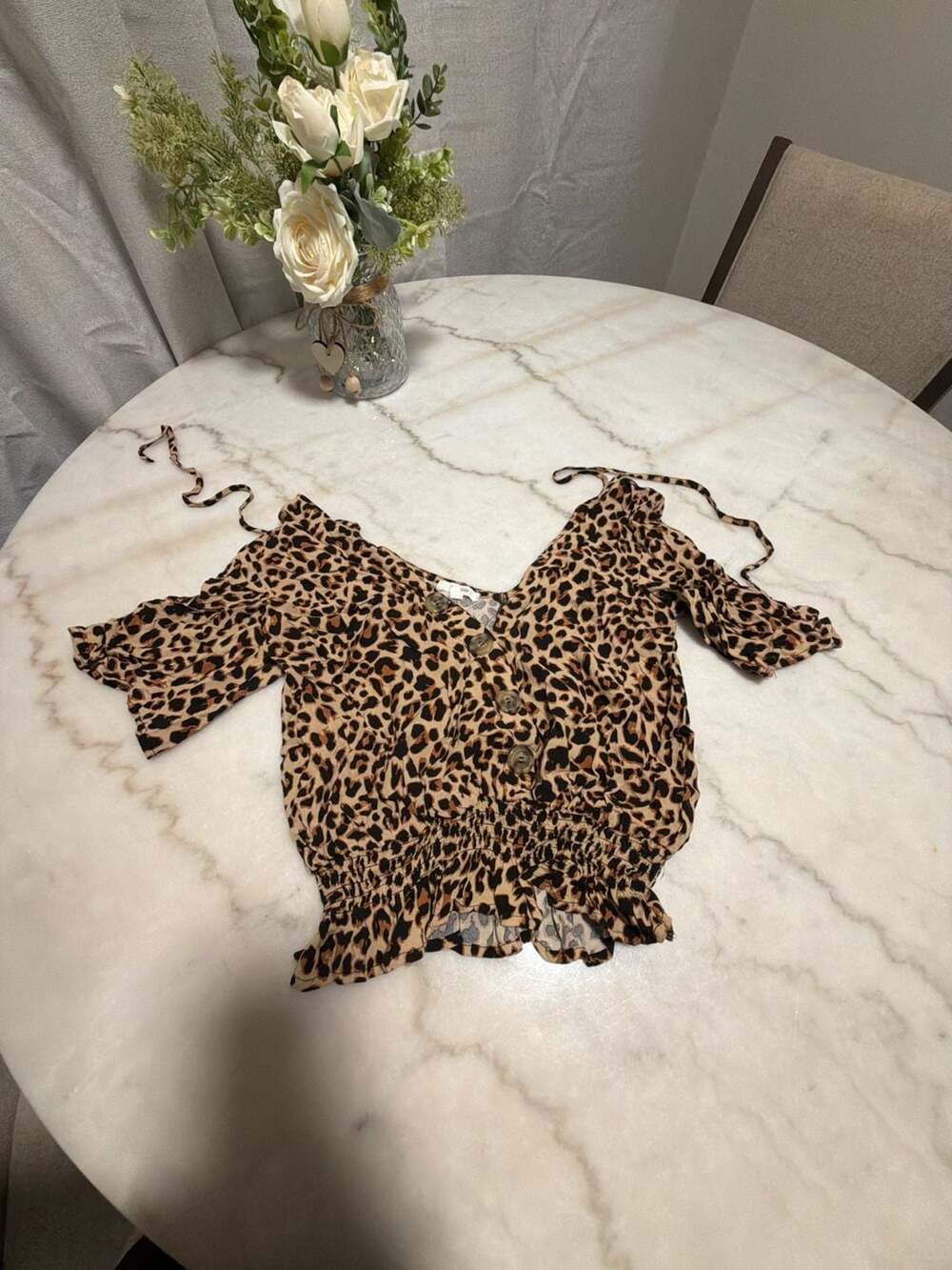 maurices Women's Leopard Print V-Neck Smocked Waist Button-Down Crop Top